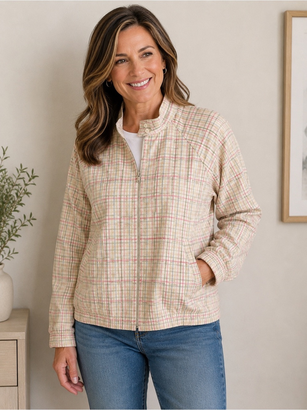 EP Pro linen blend Cream Plaid Zip Bomber Jacket with Pink Accents M